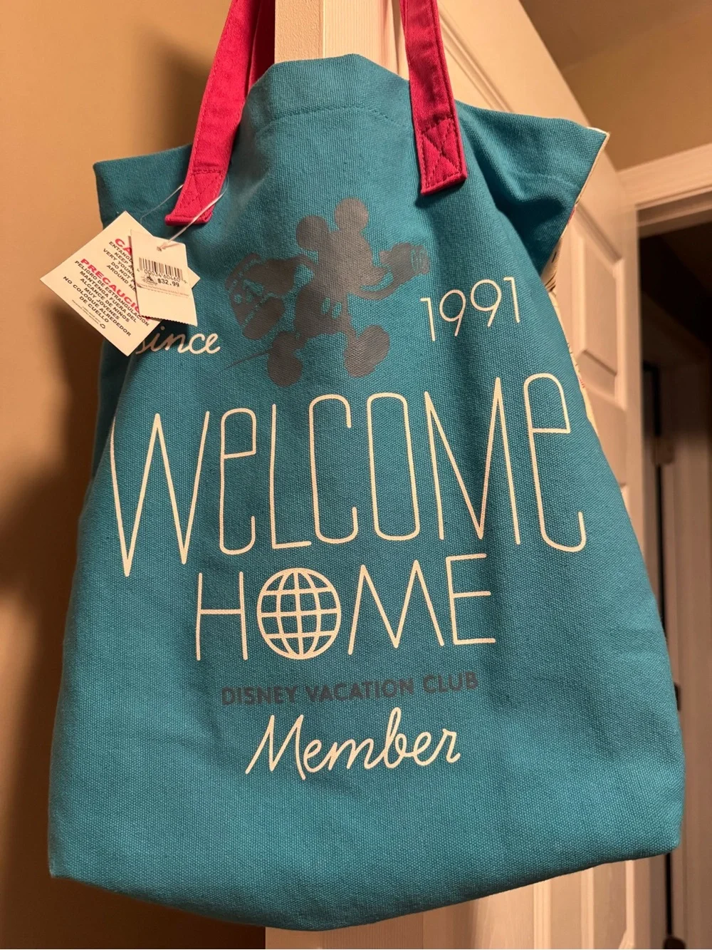 Disney Teal Tote Bag with Pink Handles